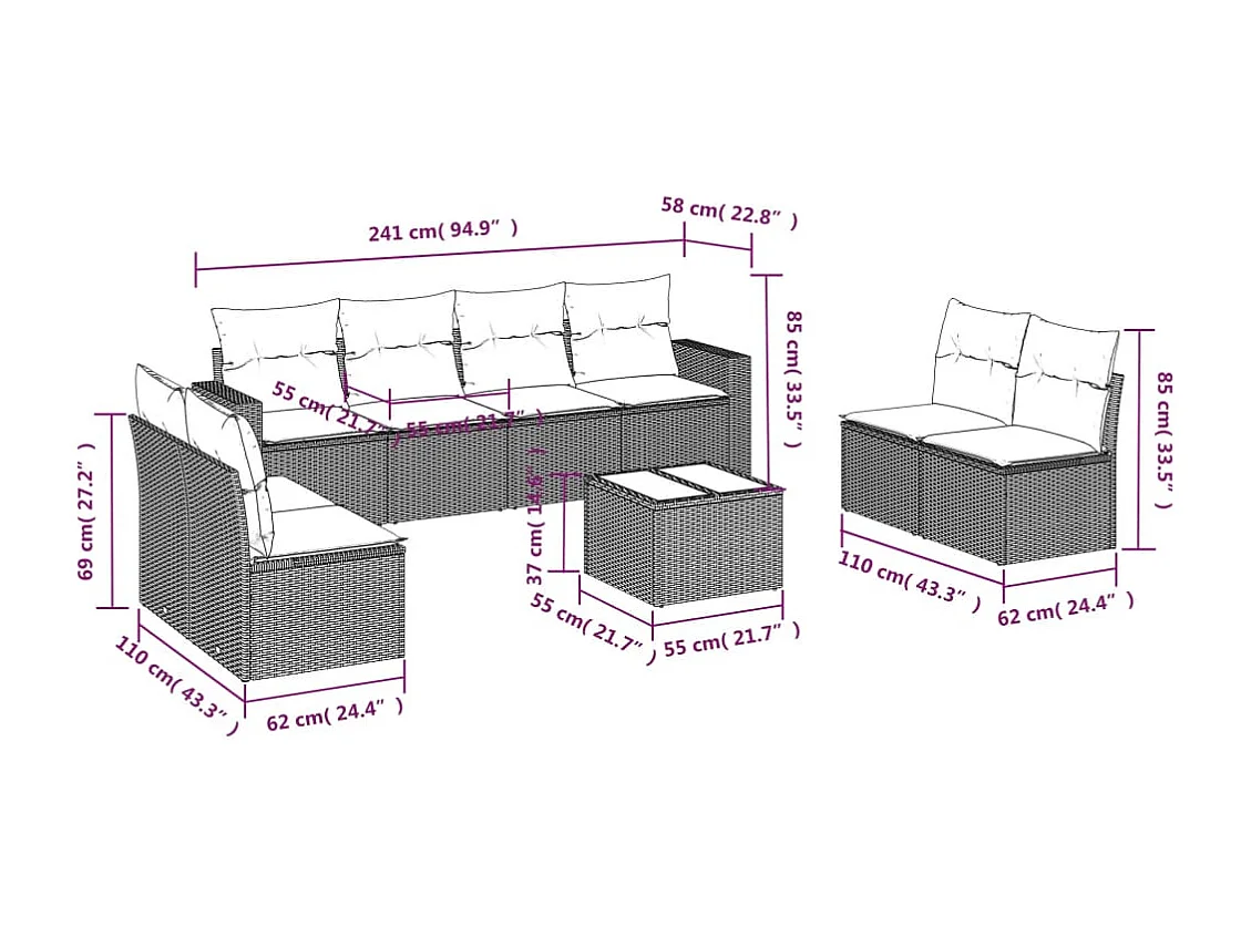 Salon de jardin avec coussins 9 pcs marron résine tressée
