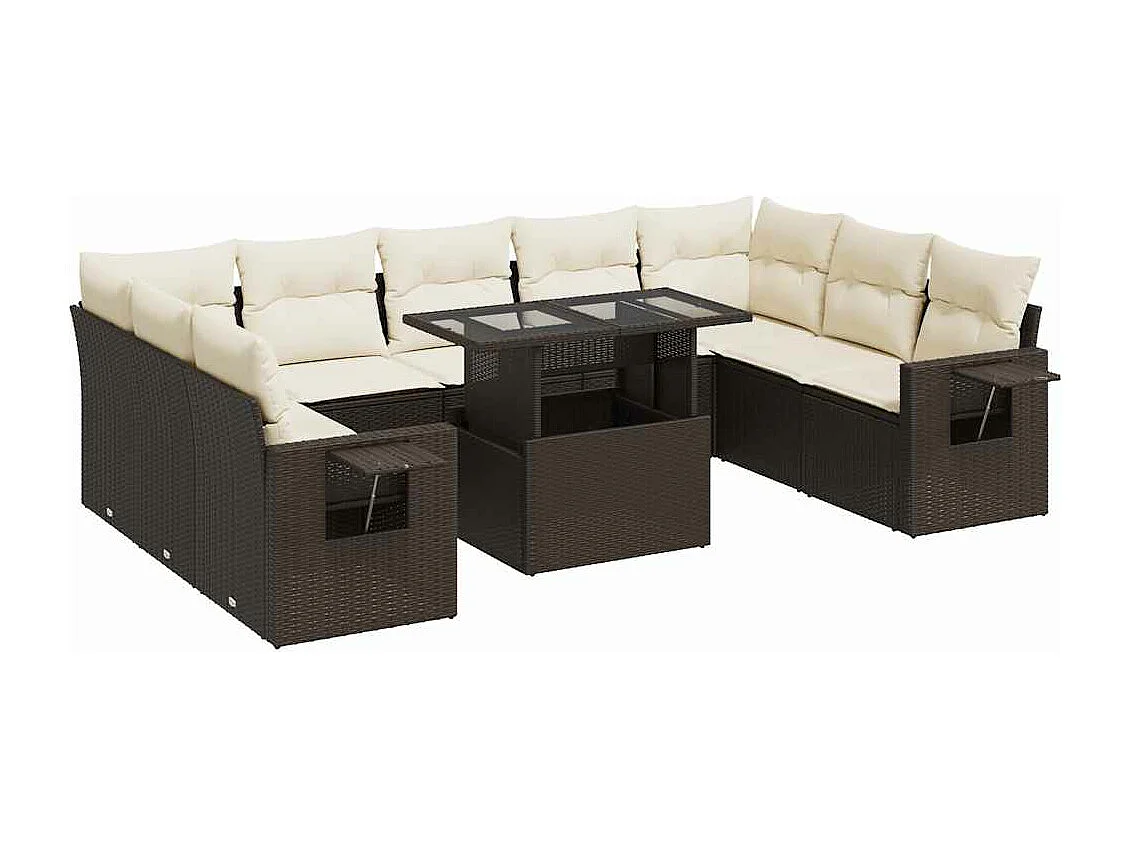 Salon de jardin 10 pcs avec coussins marron résine tressée