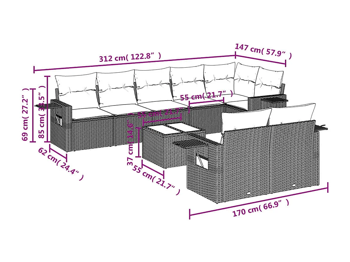 Conjunto de muebles de jardín con cojines 9 piezas resina mimbre marrón