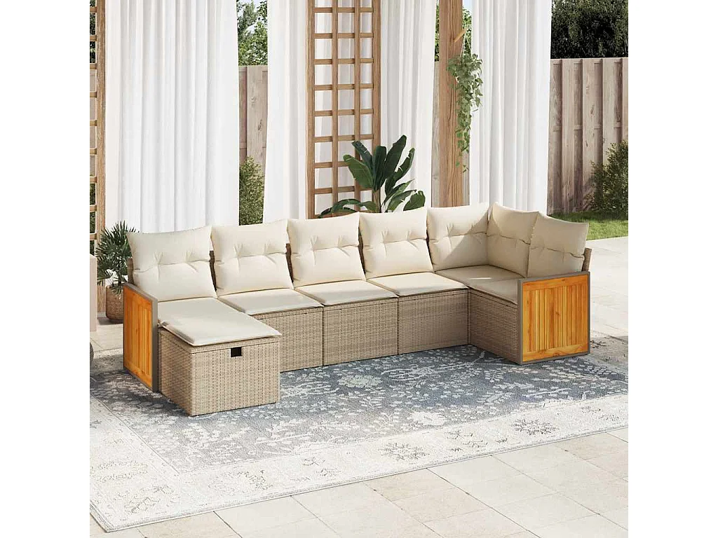 Set mobili da giardino con cuscini 7 pz beige resina intrecciata