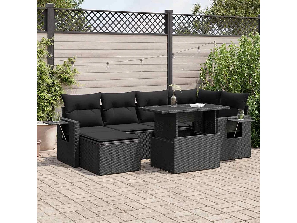 7-teiliges Gartenmöbelset mit schwarzen Kissen aus gewebtem Harz