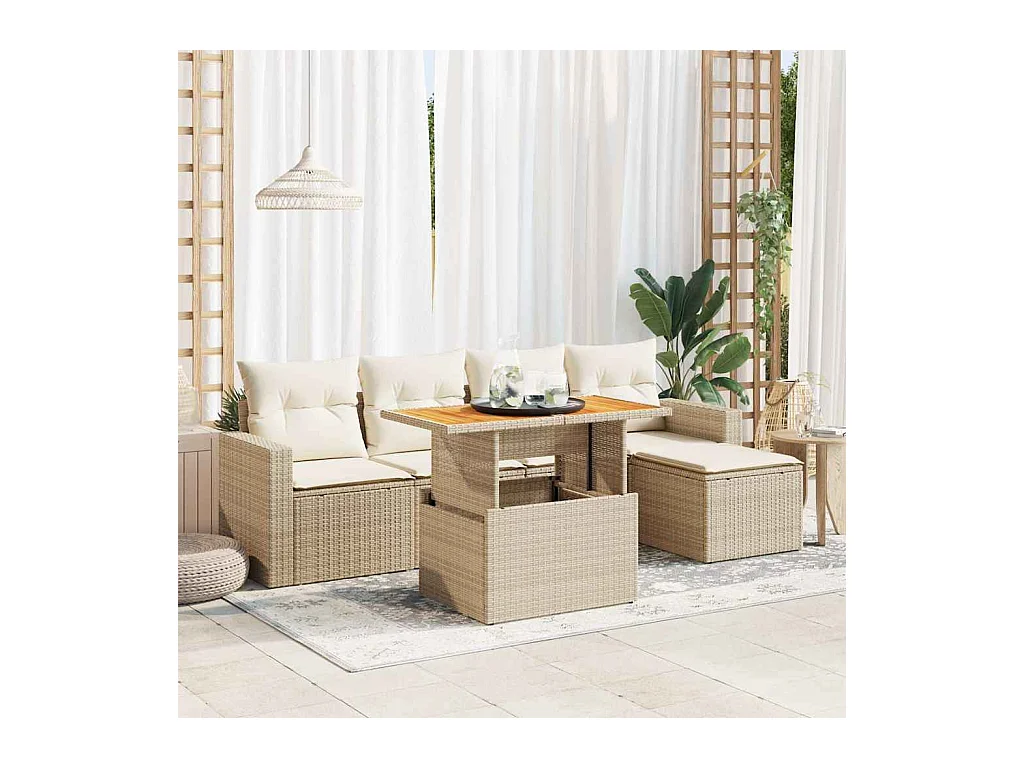 Salon de jardin avec coussins 6 pcs beige résine tressée
