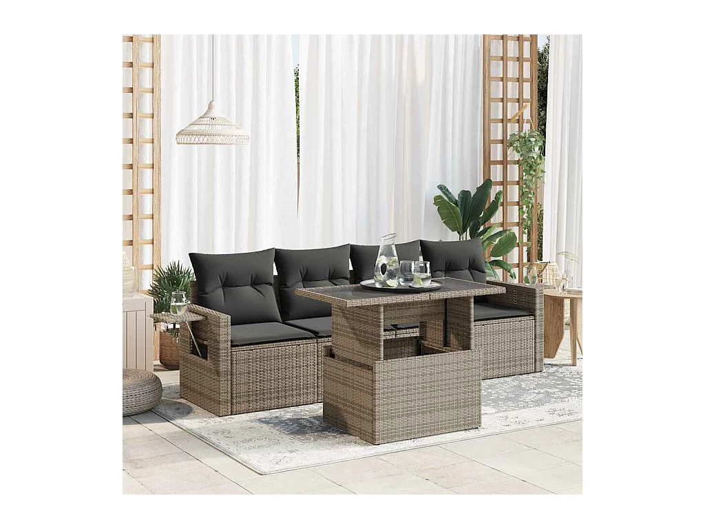 Set di mobili da giardino da 5 pezzi con cuscini grigi in resina intrecciata
