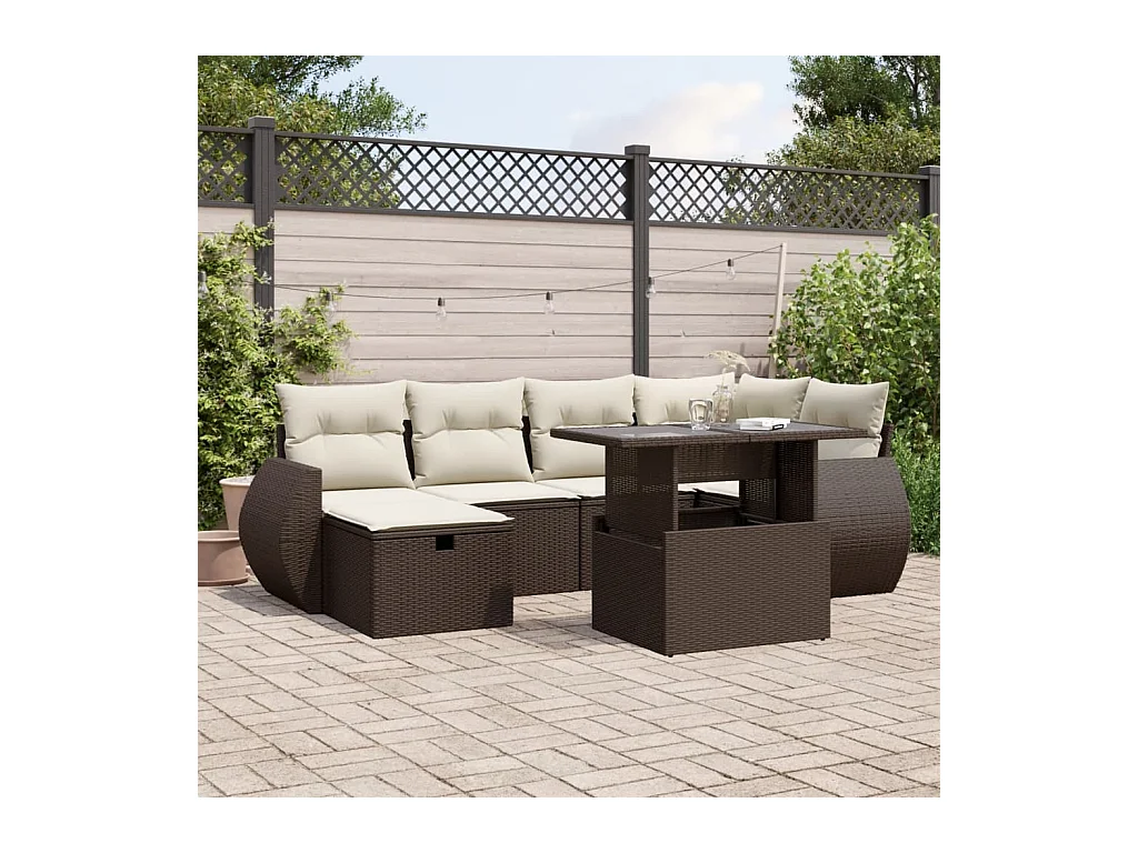 Set mobili da giardino con cuscini 7 pz in resina vimini marrone