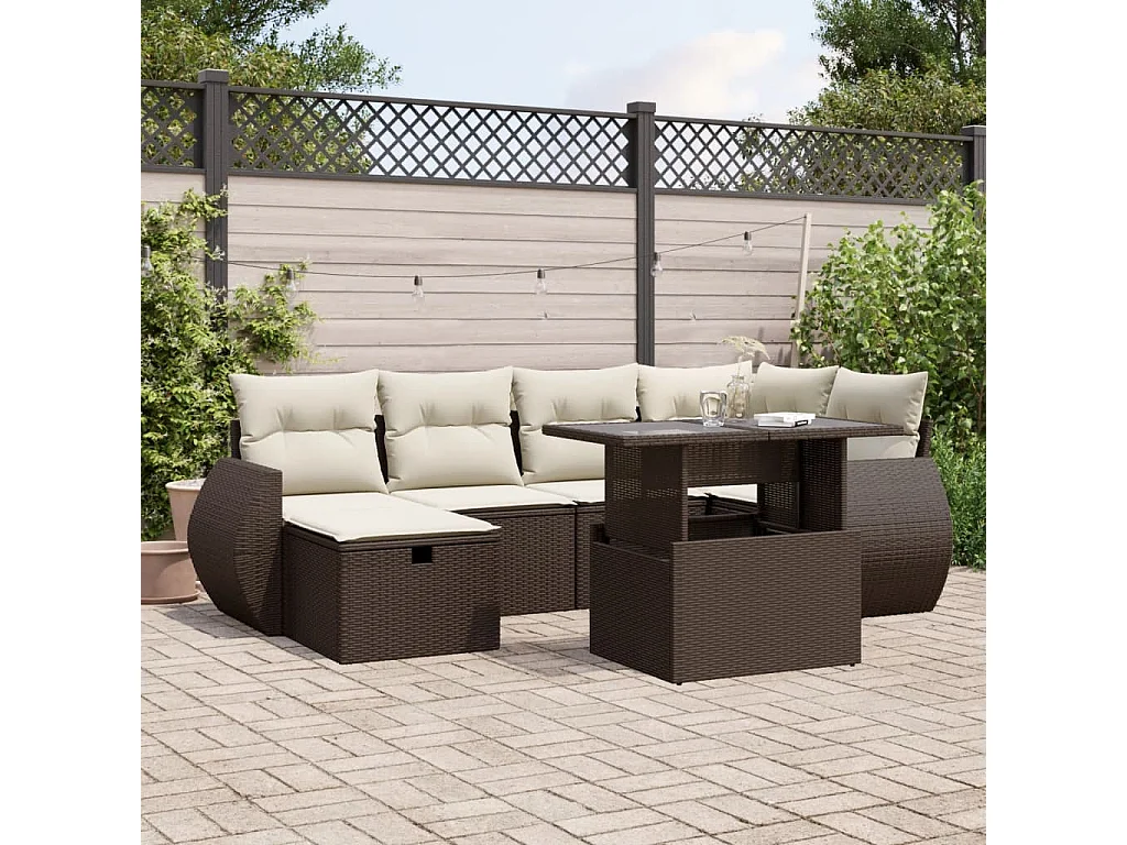Conjunto de muebles de jardín con cojines 7 piezas resina mimbre marrón