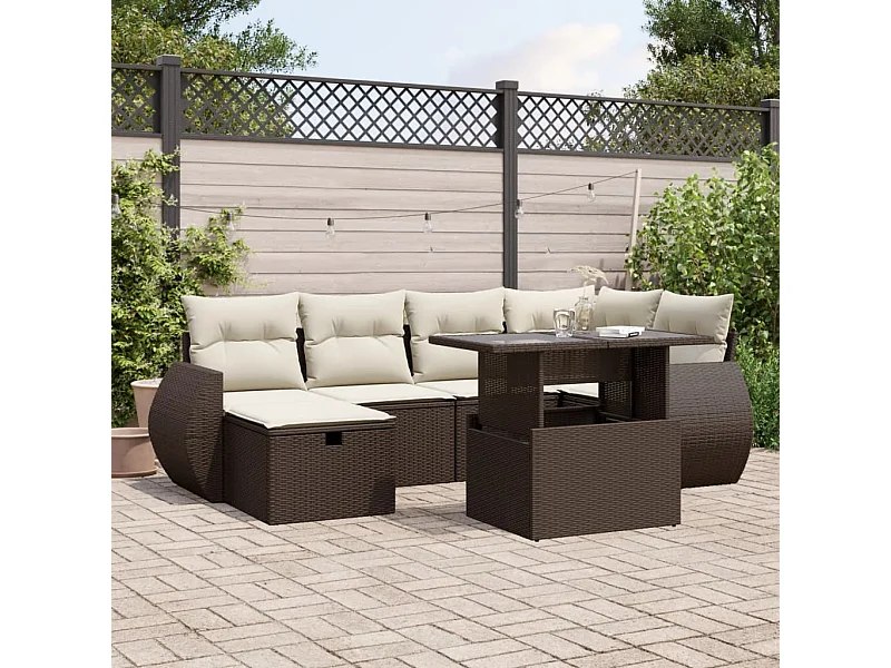 Conjunto de muebles de jardín con cojines 7 piezas resina mimbre marrón