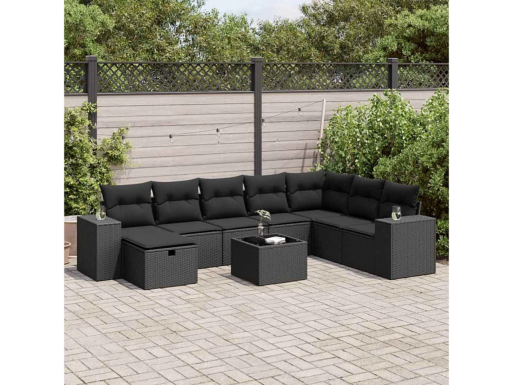 Salon de jardin 9 pcs avec coussins noir résine tressée
