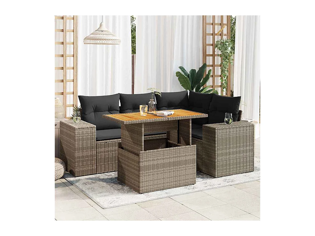 Salon de jardin 5 pcs avec coussins gris résine tressée