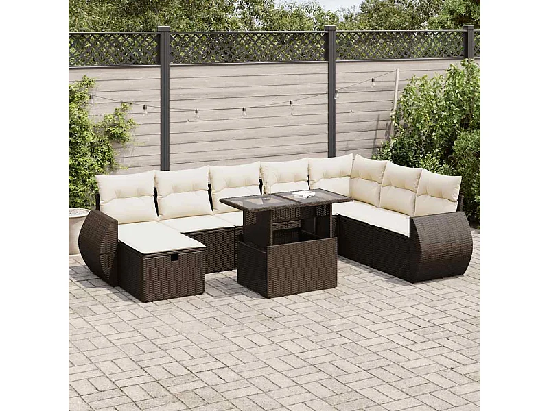 Salon de jardin avec coussins 9 pcs marron résine tressée