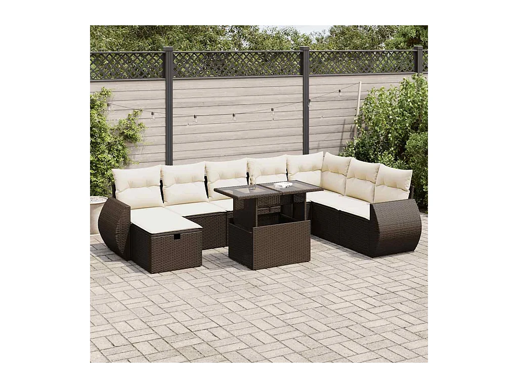 Salon de jardin avec coussins 9 pcs marron résine tressée