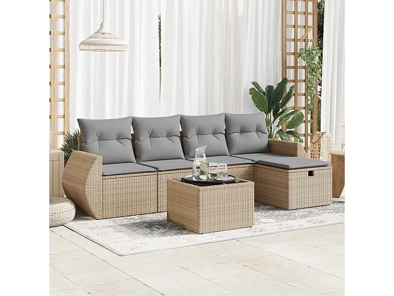 Conjunto de muebles de jardín con cojines 6 piezas resina tejida beige