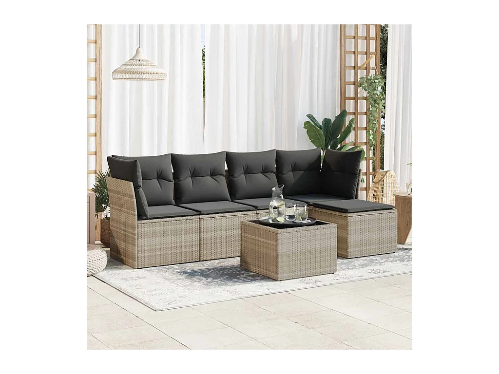 Set di mobili da giardino da 6 pezzi con cuscini grigio chiaro in resina intrecciata