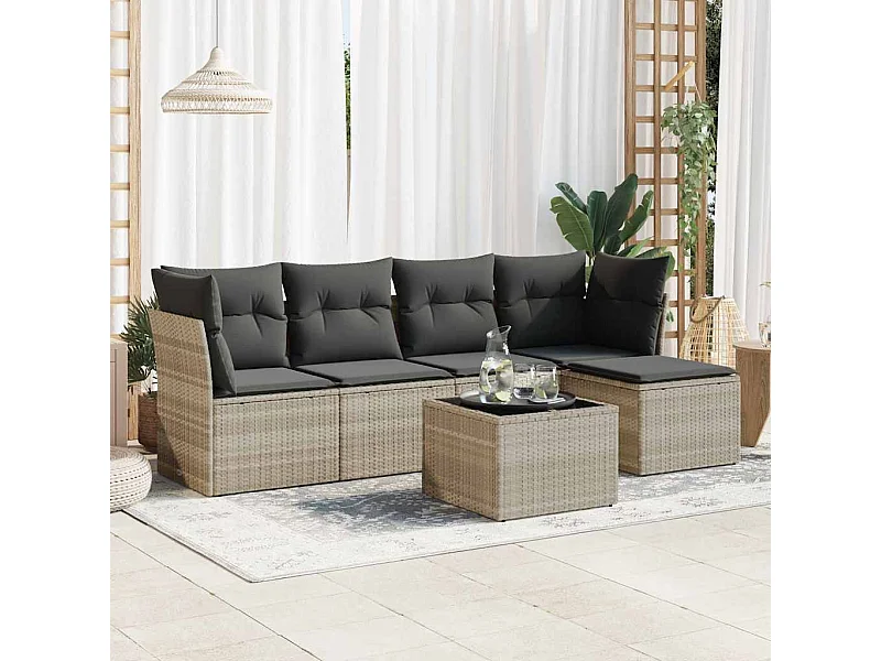 Conjunto de muebles de jardín de 6 piezas con cojines gris claro en resina trenzada