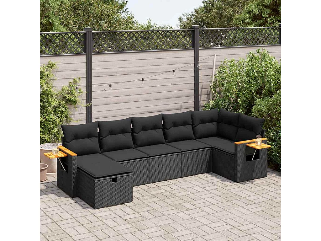 Conjunto de móveis de jardim de 7 peças com almofadas pretas em resina trançada