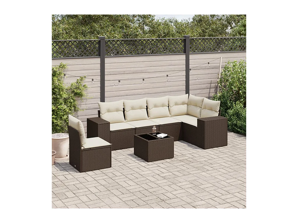 Set mobili da giardino con cuscini 7 pz in resina vimini marrone