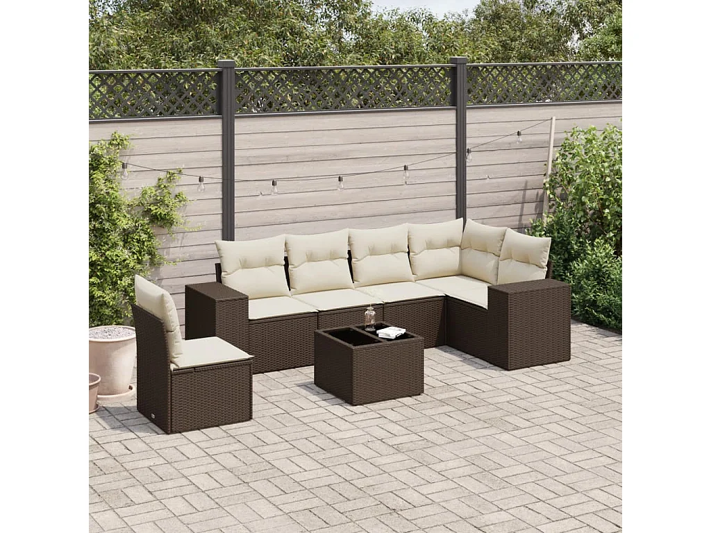 Salon de jardin avec coussins 7 pcs marron résine tressée