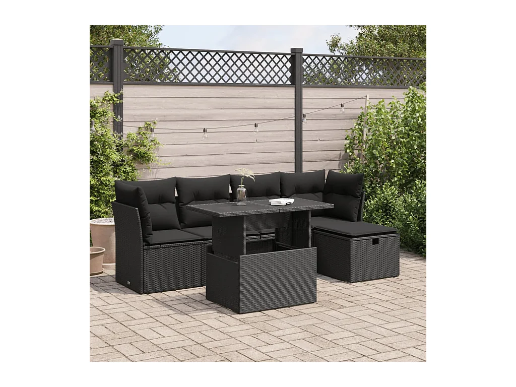 Set di mobili da giardino da 6 pezzi con cuscini neri in resina intrecciata