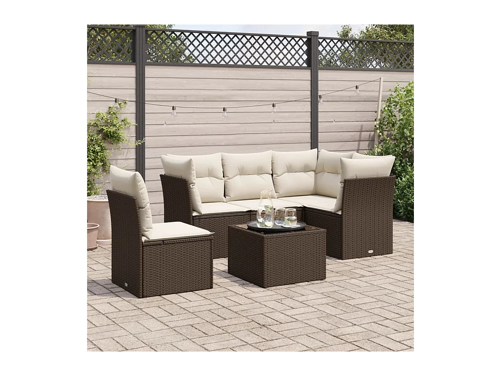 Salon de jardin avec coussins 6 pcs marron résine tressée