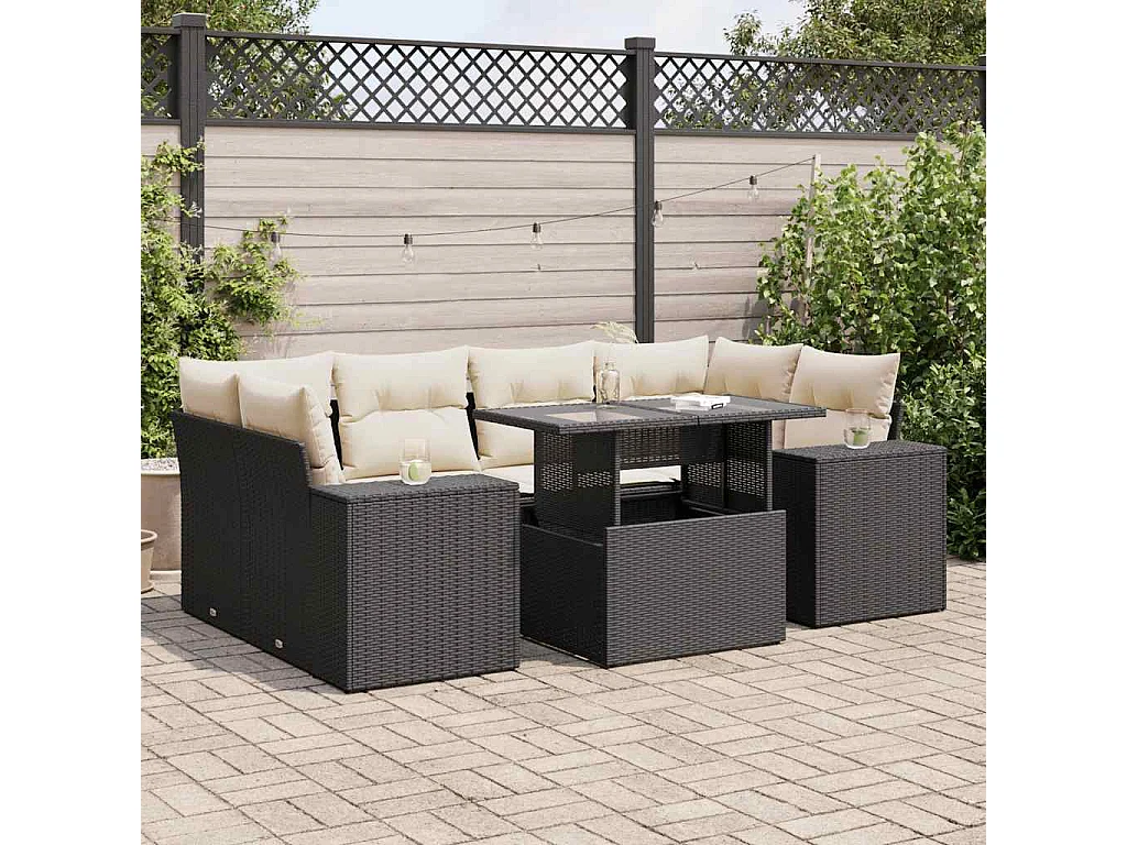Salon de jardin 7 pcs avec coussins noir résine tressée
