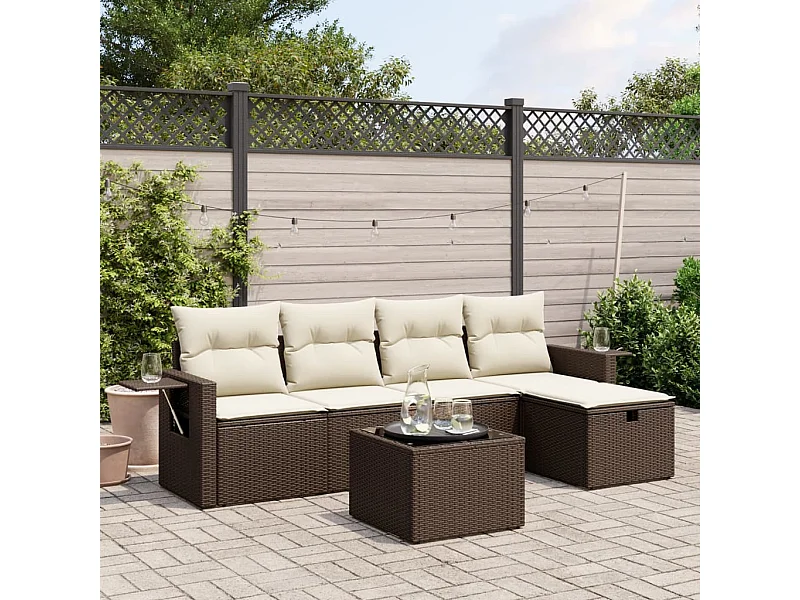 Salon de jardin avec coussins 6 pcs marron résine tressée