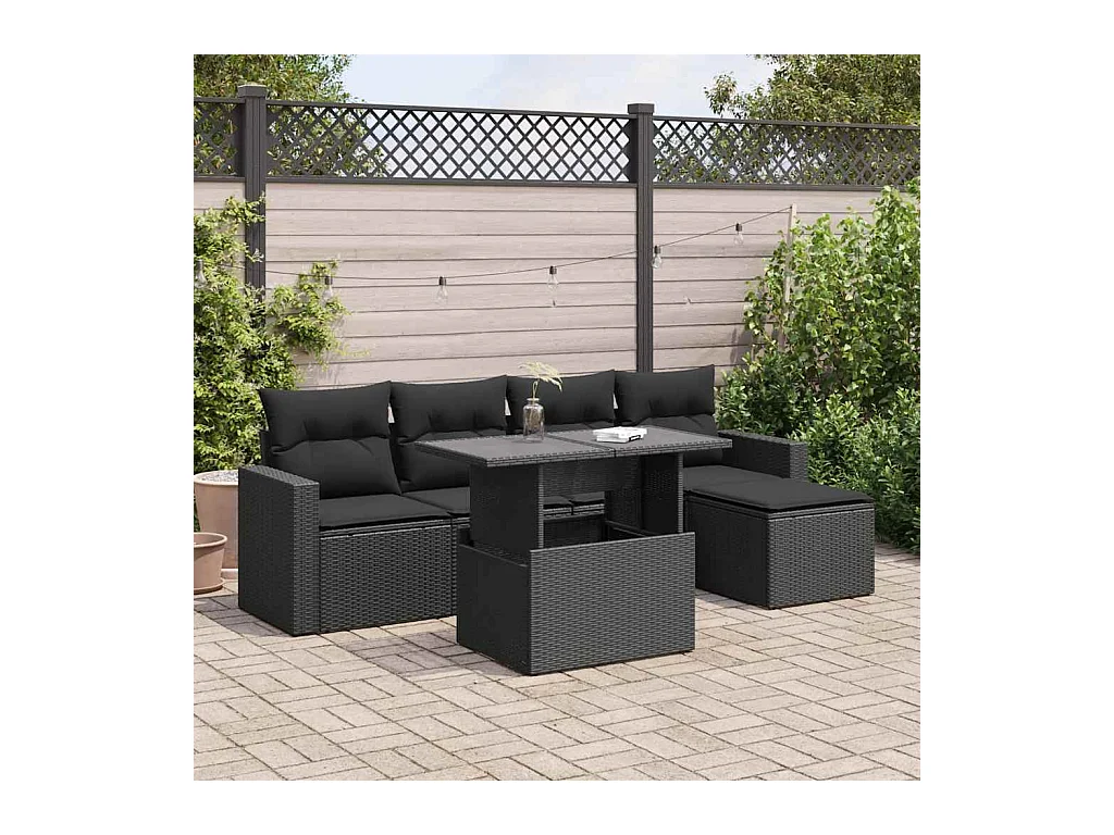 Set di mobili da giardino da 6 pezzi con cuscini neri in resina intrecciata