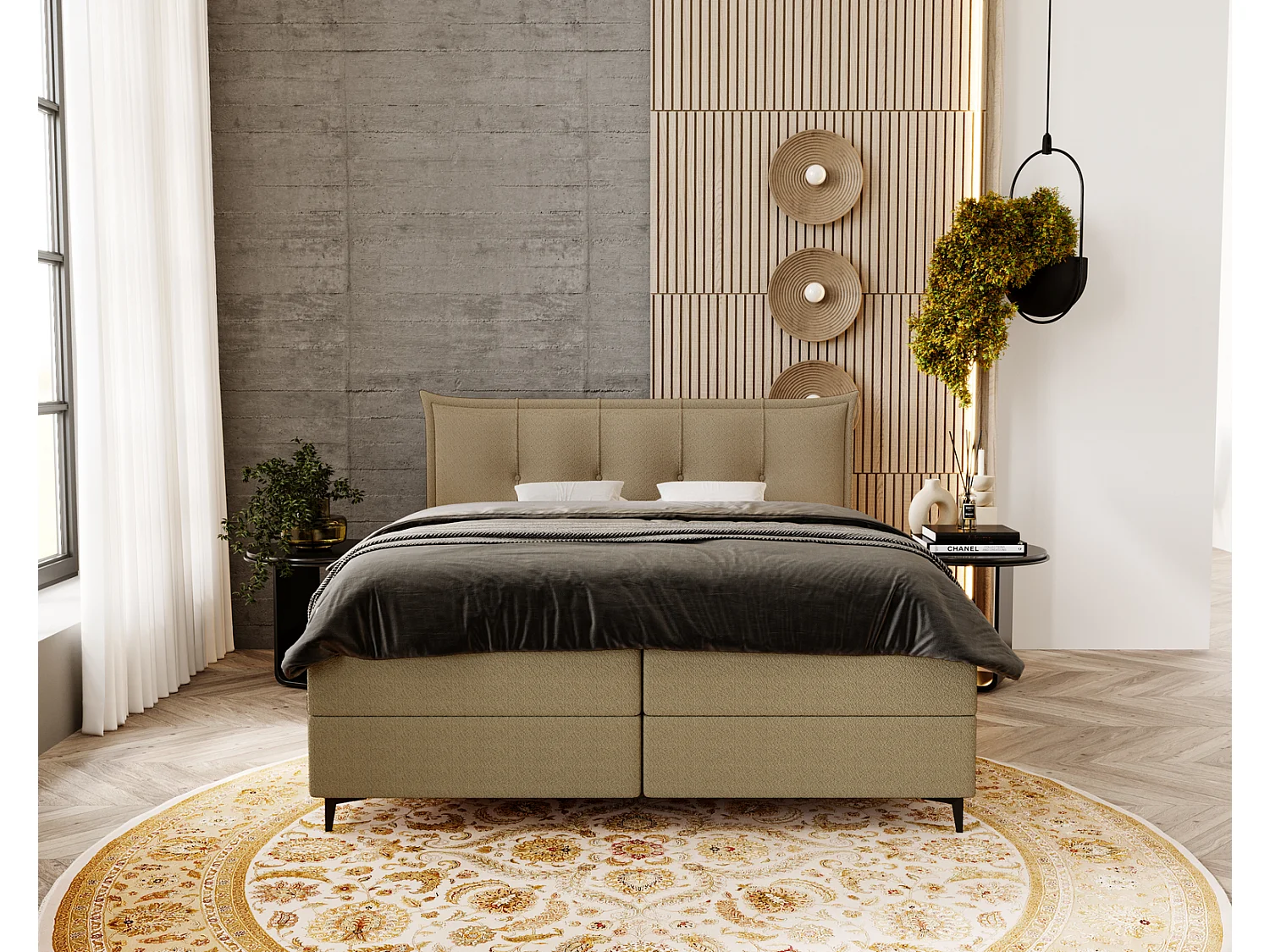 Boxspringbett mit Matratze 200x200 Liron - Doppelbett mit Bettkasten, Topper, Bouclé-Stoff Beige (Anthology 3)