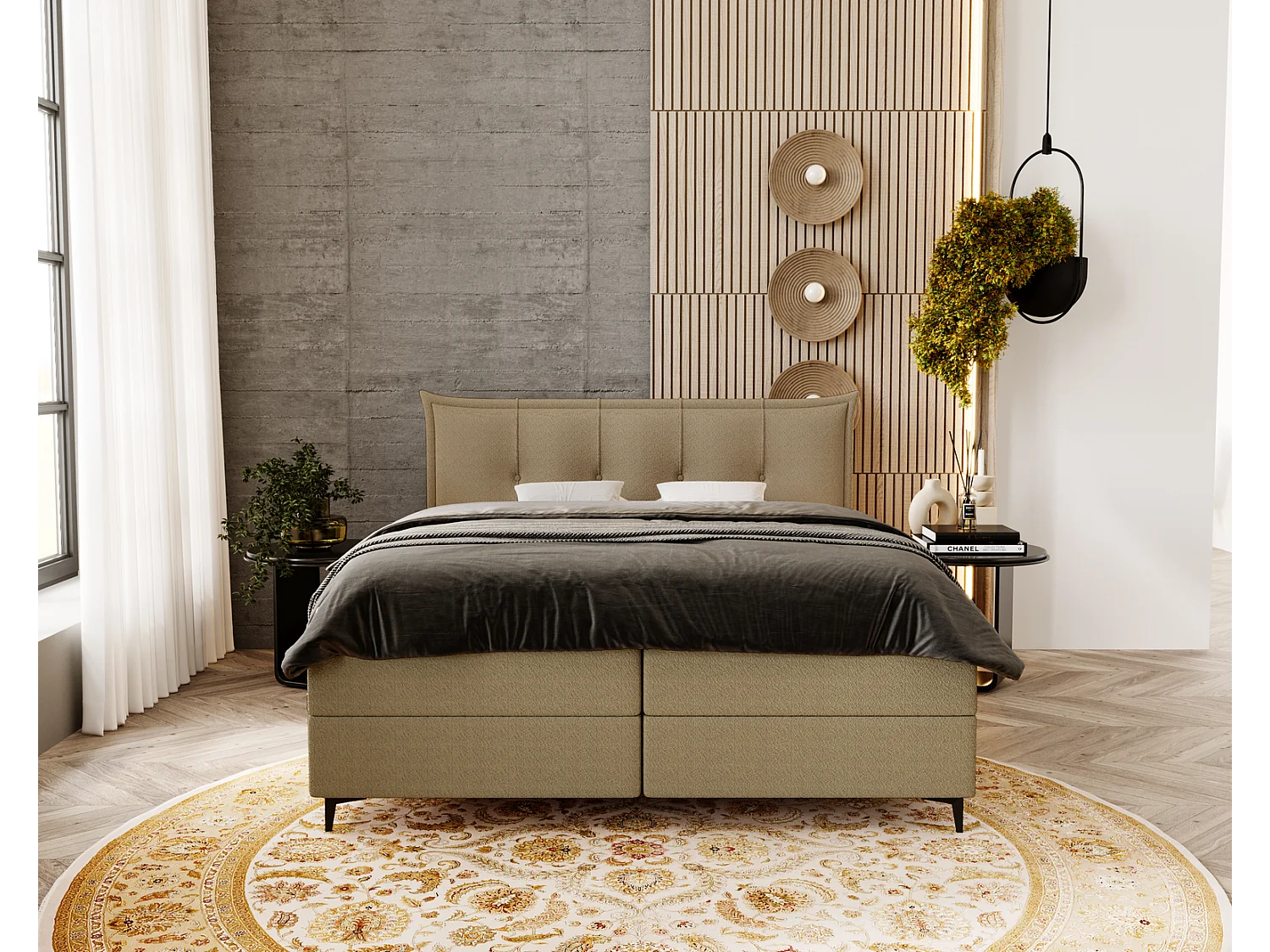 Gestoffeerd bed 200x200 Liron - Tweepersoonsbed met matras, met topper, opbergruimte, Beige (Anthology 3)