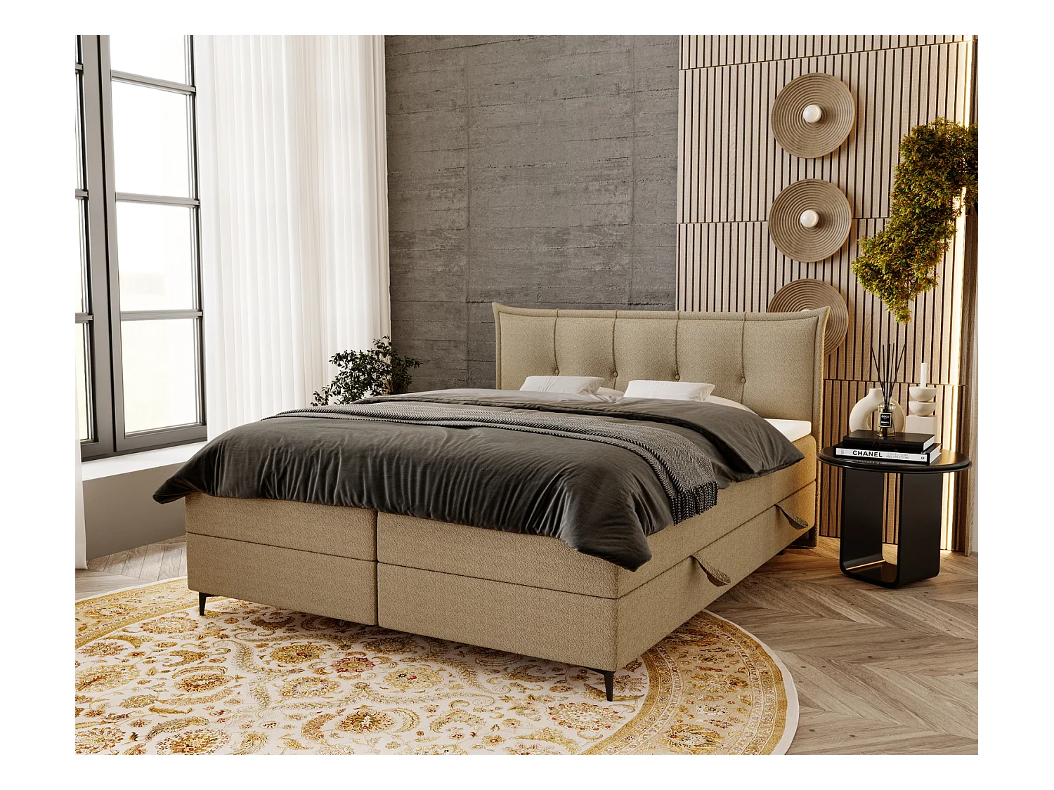 Boxspringbett mit Matratze 140x200 Liron - Doppelbett mit Bettkasten, Topper, Bouclé-Stoff Beige (Anthology 3)