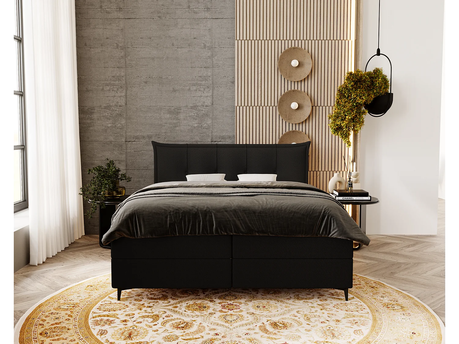 Lit adulte 200x200 avec Rangement Liron - Lit double avec matelas et surmatelas - Lit Noir (Anthology 19)