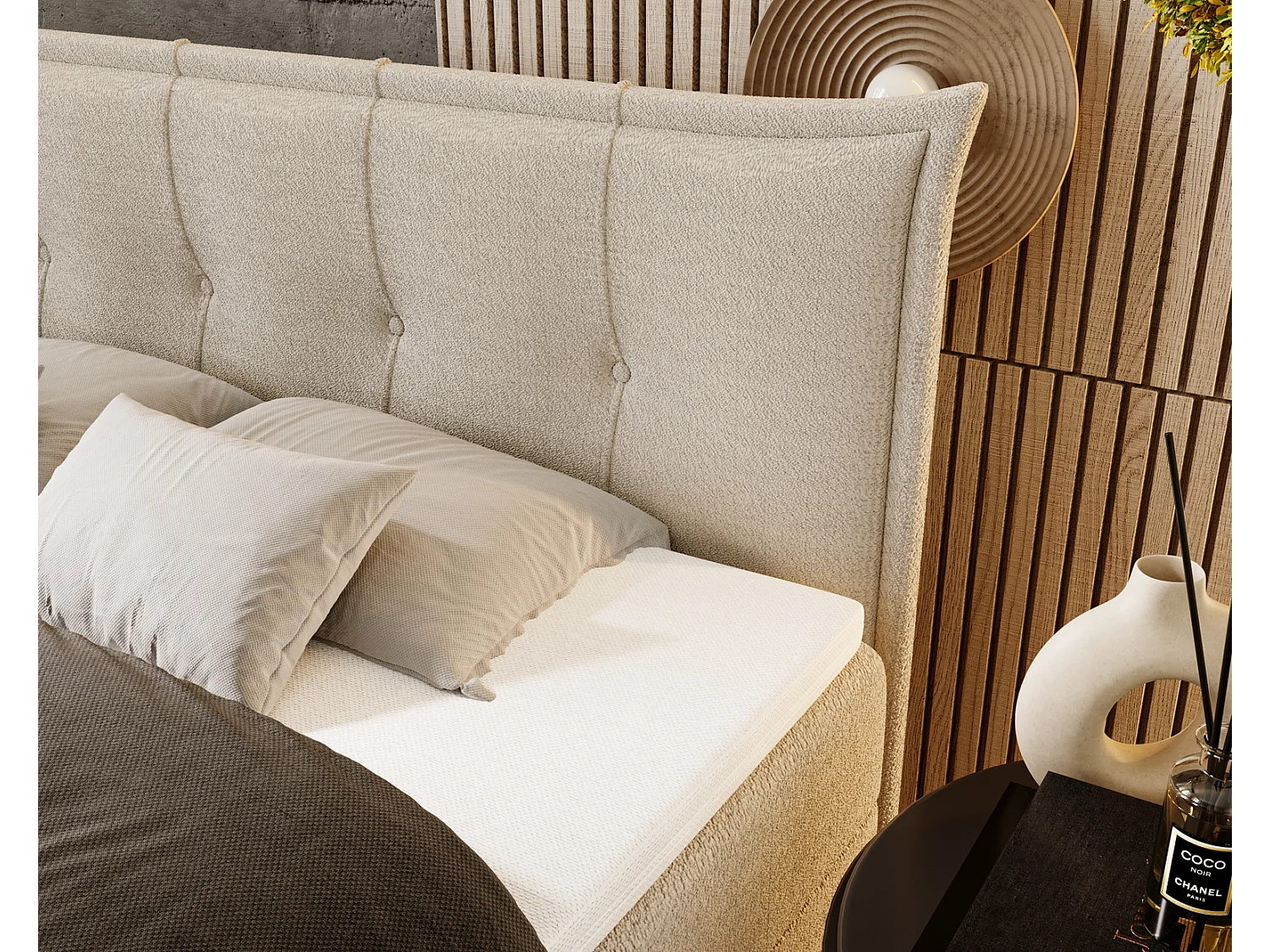 Gestoffeerd bed 200x200 Liron - Tweepersoonsbed met matras, met topper, opbergruimte, Crème (Anthology 1)