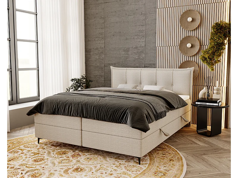 Boxspringbett mit Matratze 200x200 Liron - Doppelbett mit Bettkasten, Topper, Bouclé-Stoff Creme (Anthology 1)