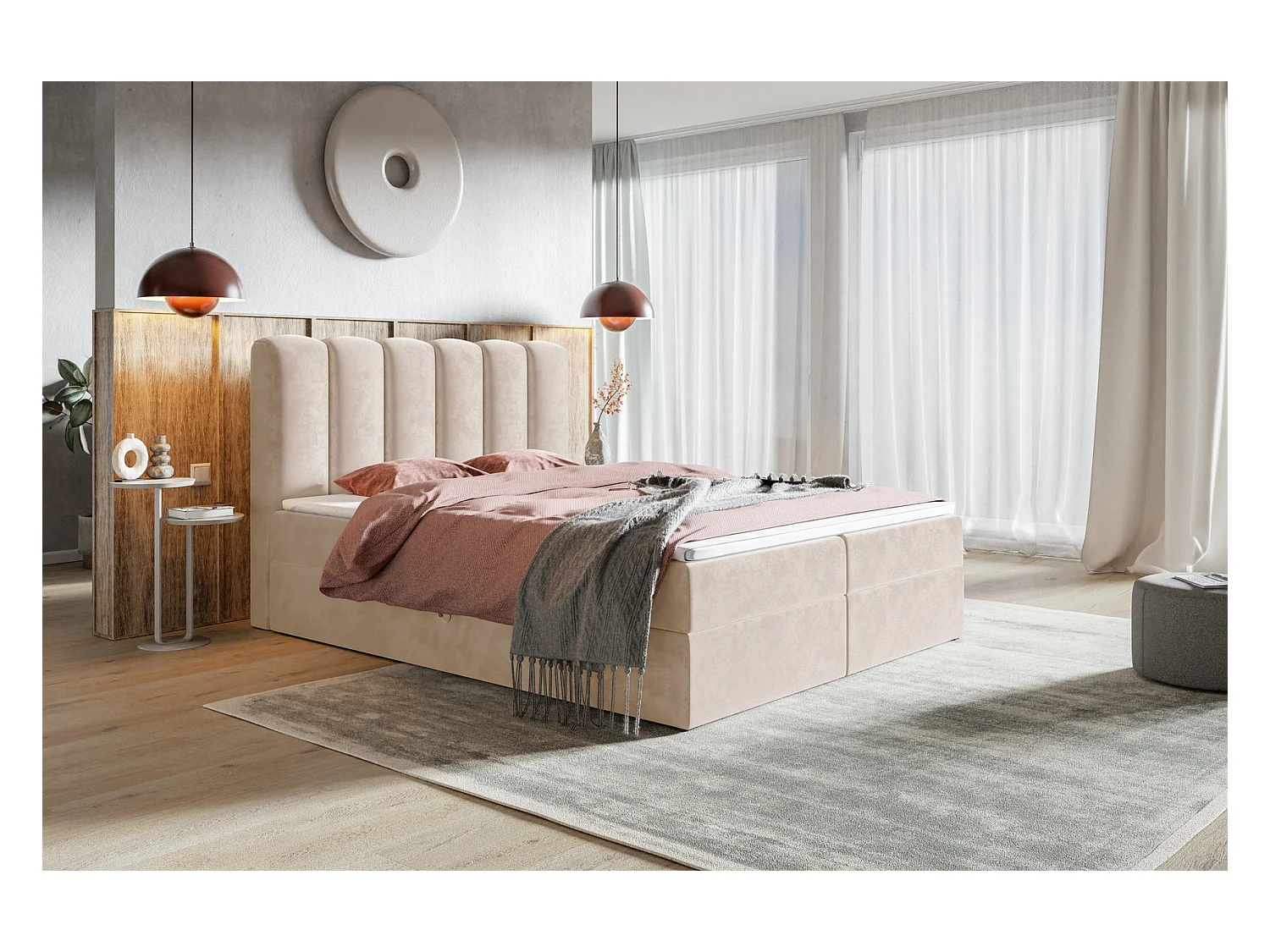 Lit double avec matelas Rimini - Surmatelas, lit 140x200 avec Rangement - Beige (Amor Velvet 4304)