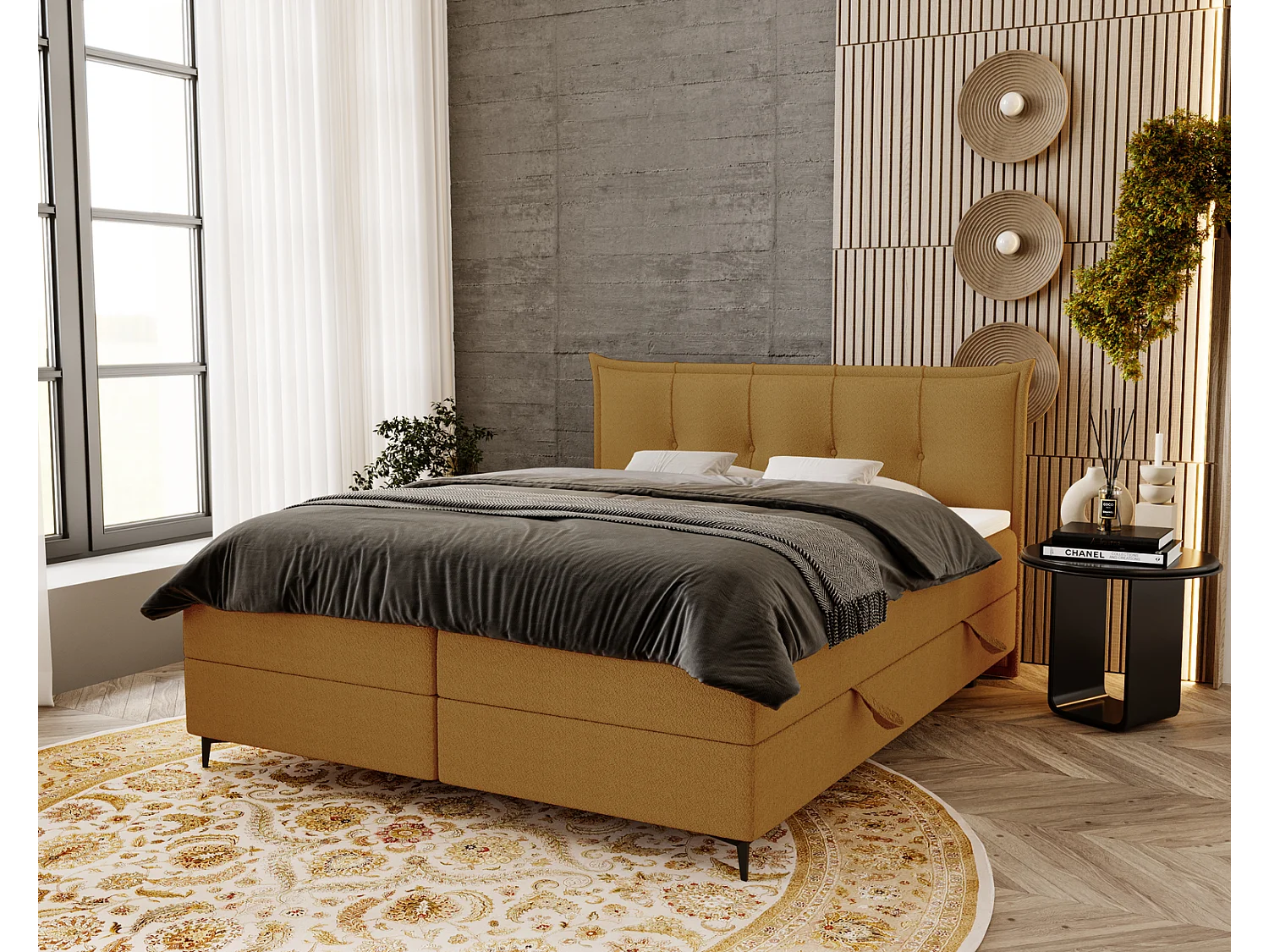 Gestoffeerd bed 180x200 Liron - Tweepersoonsbed met matras, met topper, opbergruimte, Oranje (Anthology 10)