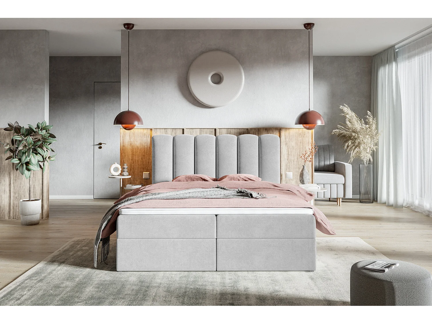 Lit double avec matelas Rimini - Surmatelas, lit 140x200 avec Rangement - Gris clair (Jasmine 90)