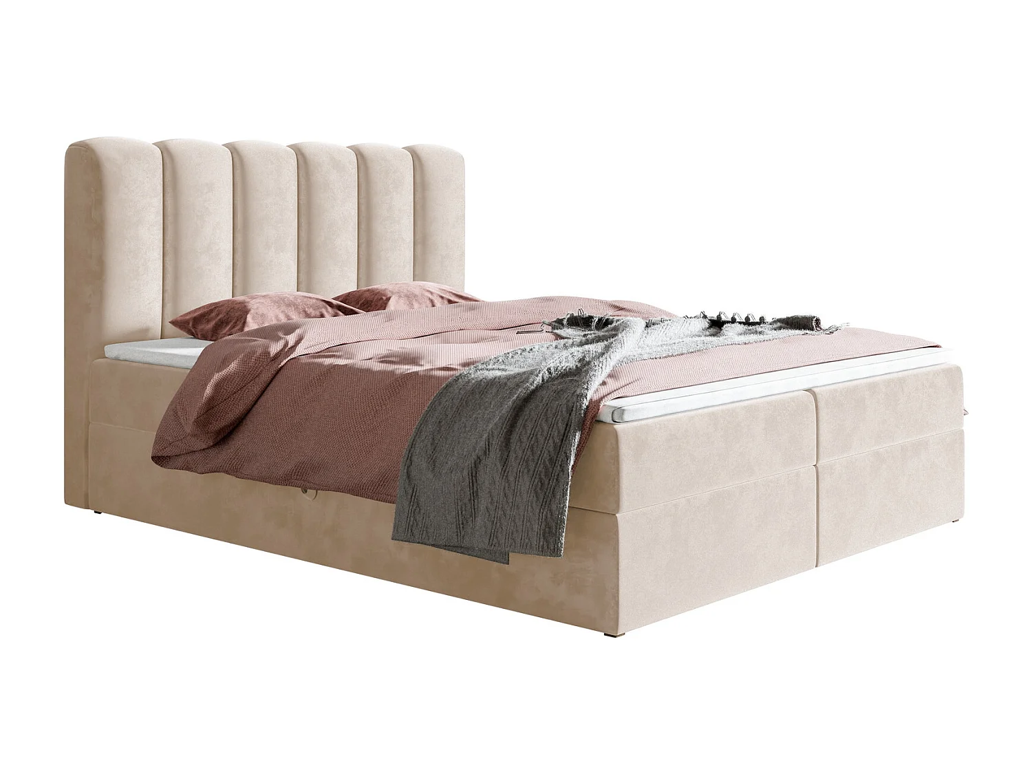 Gestoffeerd bed 160x200 met matras Rimini - bed met topper, opbergruimte, beige (Amor Velvet 4304)