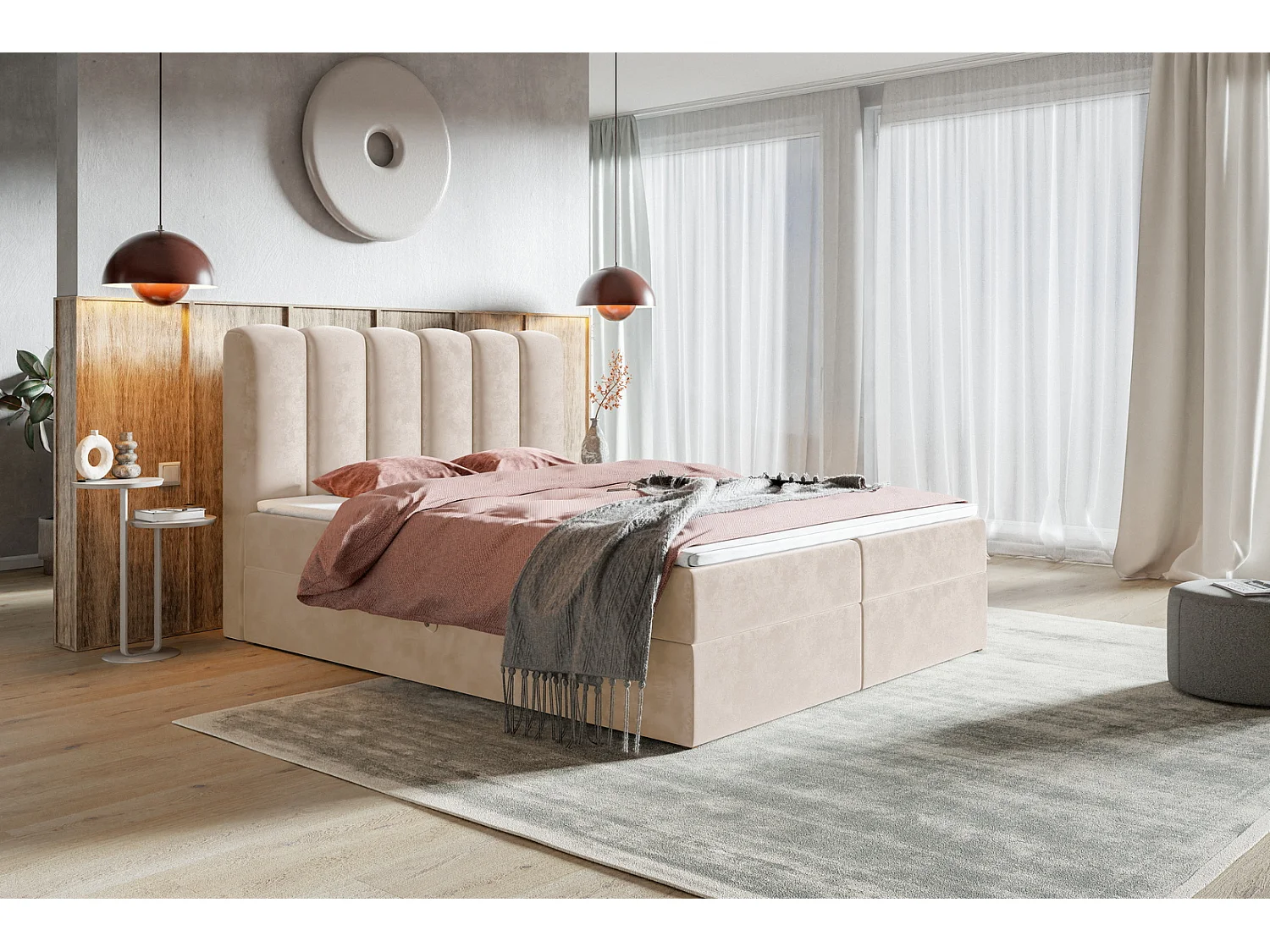 Gestoffeerd bed 160x200 met matras Rimini - bed met topper, opbergruimte, beige (Amor Velvet 4304)