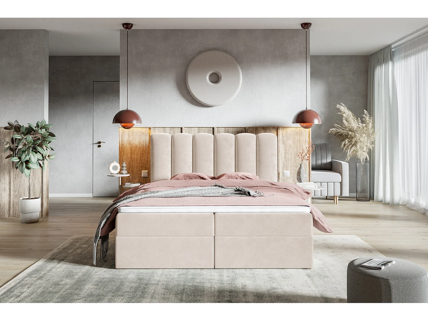 Gestoffeerd bed 160x200 met matras Rimini - bed met topper, opbergruimte, beige (Amor Velvet 4304)