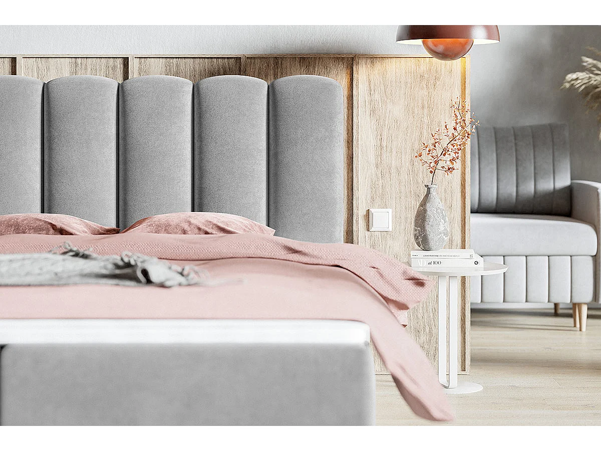 Gestoffeerd bed 160x200 met matras Rimini - bed met topper, opbergruimte, beige (Amor Velvet 4304)