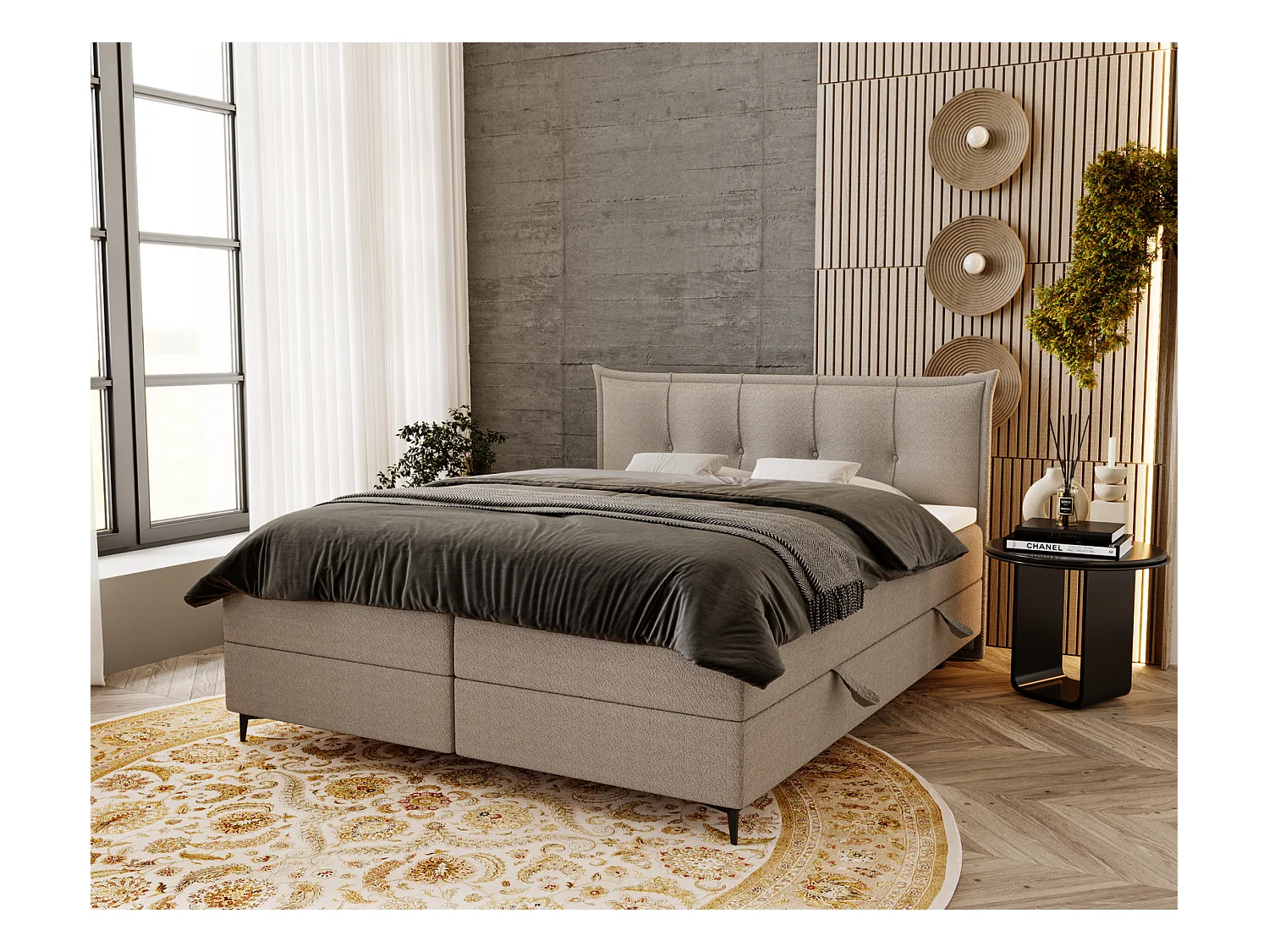 Boxspringbett mit Matratze 140x200 Liron - Doppelbett mit Bettkasten, Topper, Bouclé-Stoff Hellgrau (Anthology 15)