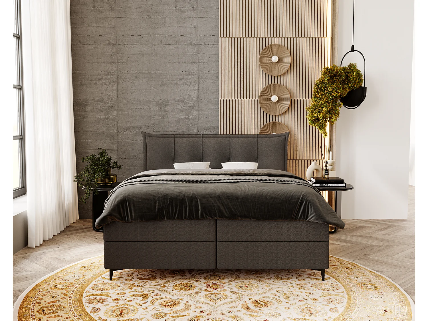 Lit adulte 180x200 avec Rangement Liron - Lit double avec matelas et surmatelas - Lit Gris foncé (Anthology 18)