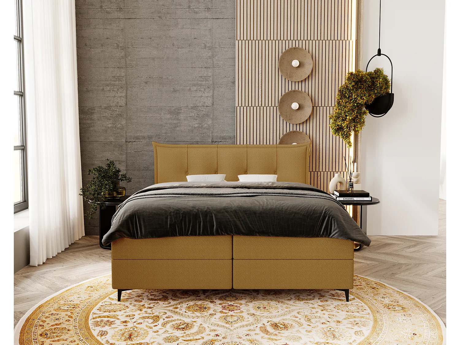 Gestoffeerd bed 200x200 Liron - Tweepersoonsbed met matras, met topper, opbergruimte, Oranje (Anthology 10)