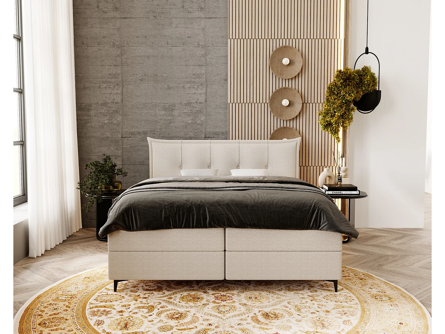 Gestoffeerd bed 180x200 Liron - Tweepersoonsbed met matras, met topper, opbergruimte, Crème (Anthology 1)