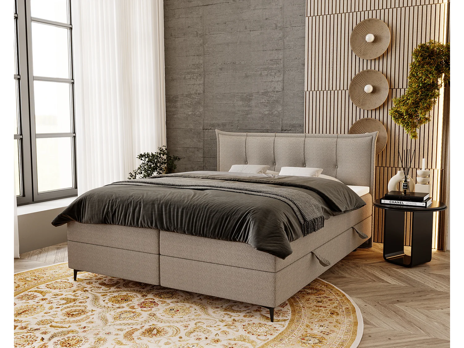 Gestoffeerd bed 180x200 Liron - Tweepersoonsbed met matras, met topper, opbergruimte, Lichtgrijs (Anthology 15)