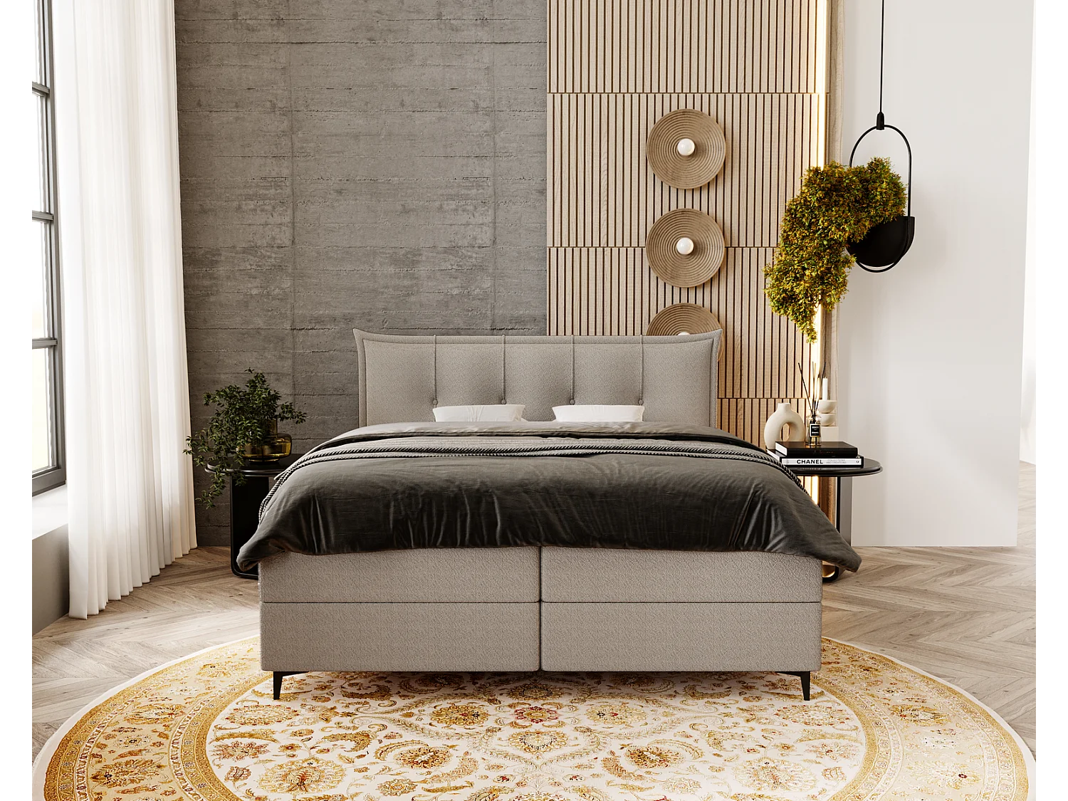 Gestoffeerd bed 180x200 Liron - Tweepersoonsbed met matras, met topper, opbergruimte, Lichtgrijs (Anthology 15)