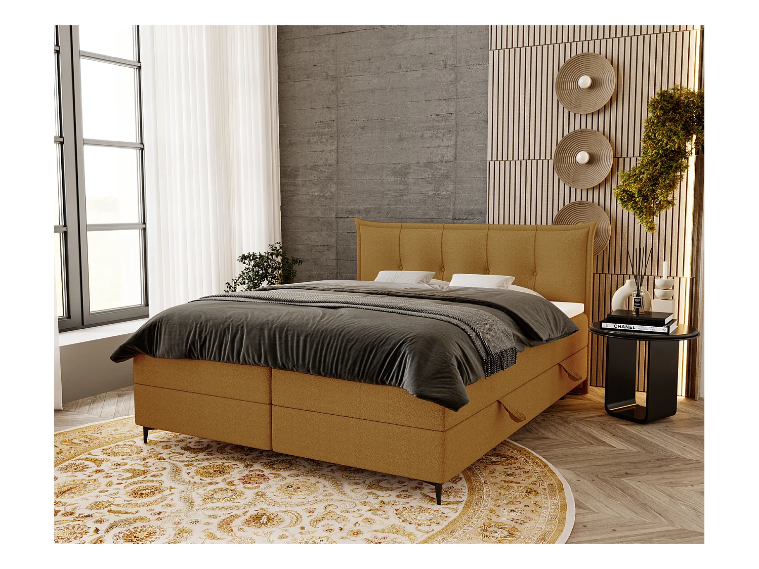 Boxspringbett mit Matratze 140x200 Liron - Doppelbett mit Bettkasten, Topper, Bouclé-Stoff Orange (Anthology 10)