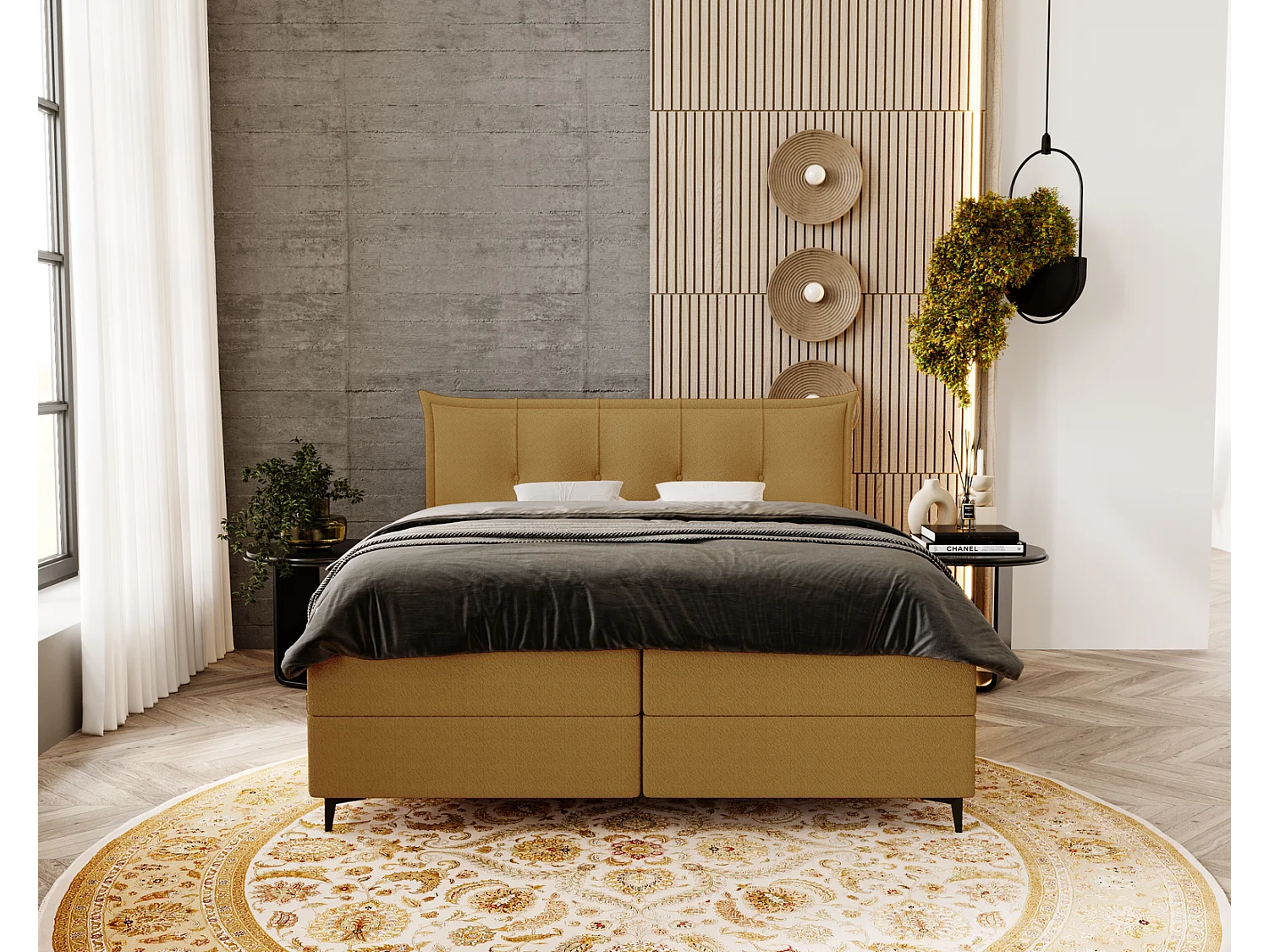 Gestoffeerd bed 140x200 Liron - Tweepersoonsbed met matras, met topper, opbergruimte, Oranje (Anthology 10)