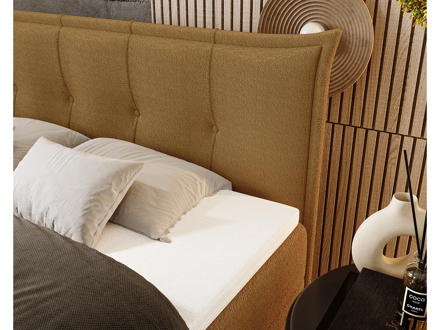 Gestoffeerd bed 140x200 Liron - Tweepersoonsbed met matras, met topper, opbergruimte, Oranje (Anthology 10)