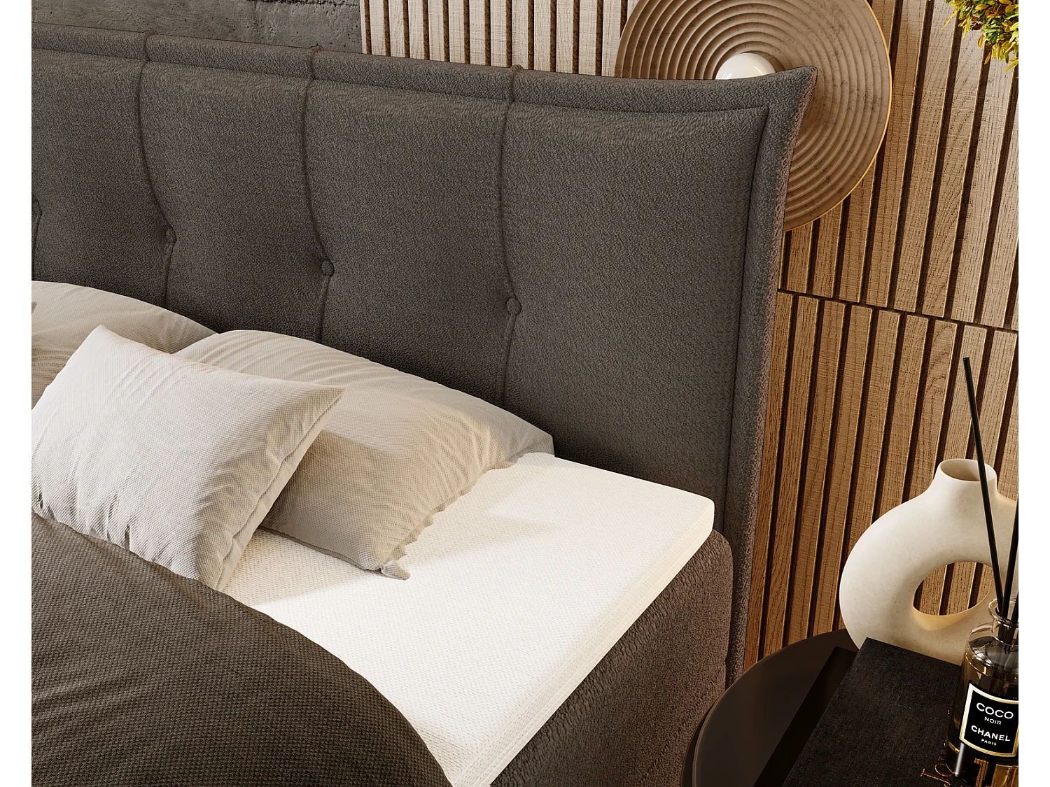 Gestoffeerd bed 160x200 Liron - Tweepersoonsbed met matras, met topper, opbergruimte, Donkergrijs (Anthology 18)