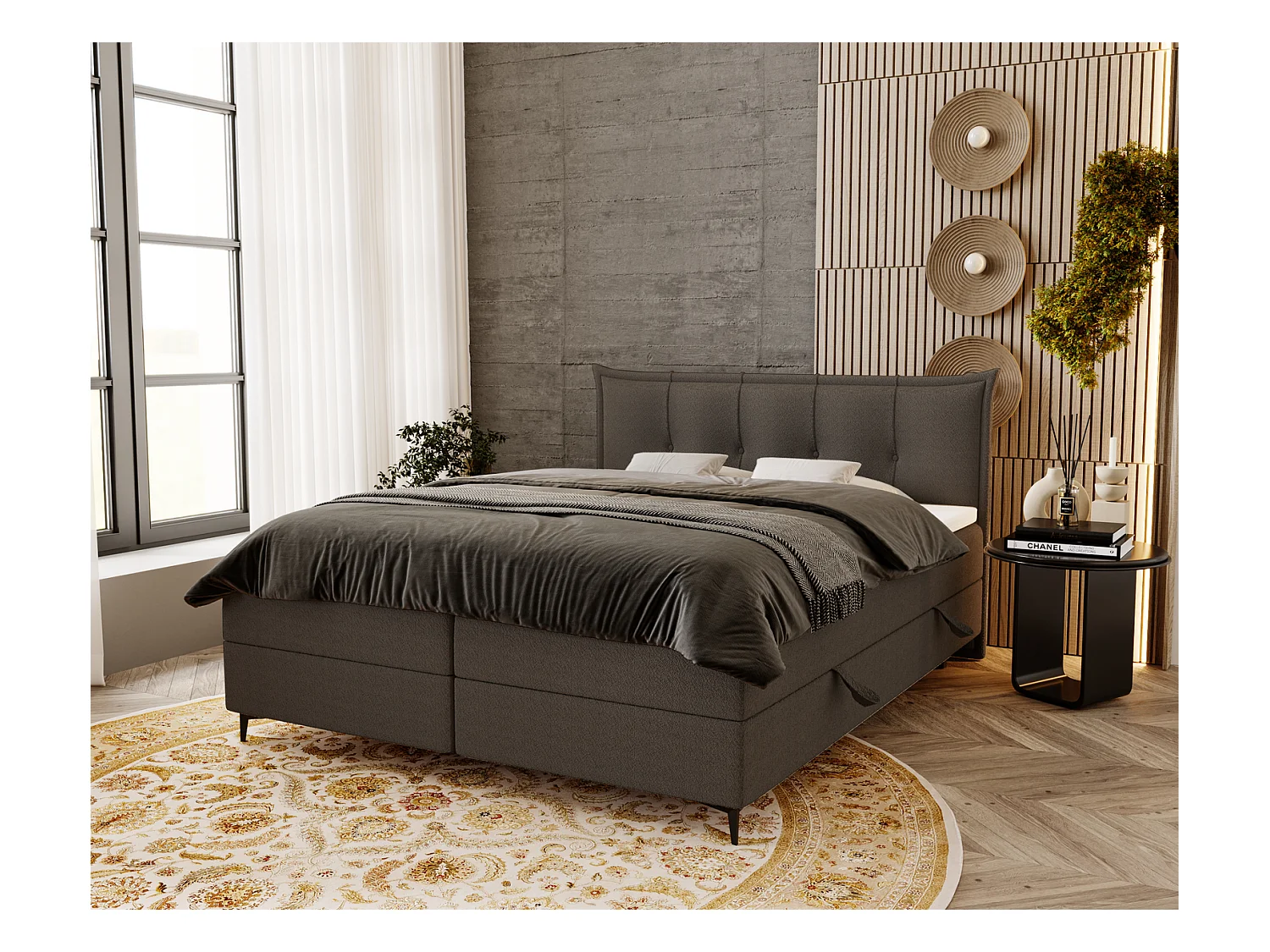 Boxspringbett mit Matratze 140x200 Liron - Doppelbett mit Bettkasten, Topper, Bouclé-Stoff Dunkelgrau (Anthology 18)