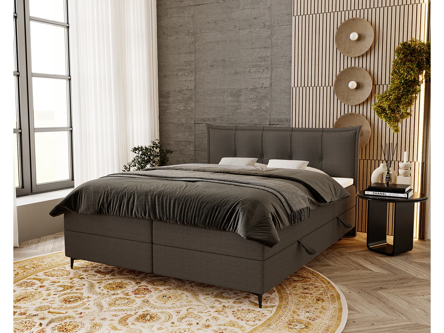 Lit adulte 140x200 avec Rangement Liron - Lit double avec matelas et surmatelas - Lit Gris foncé (Anthology 18)